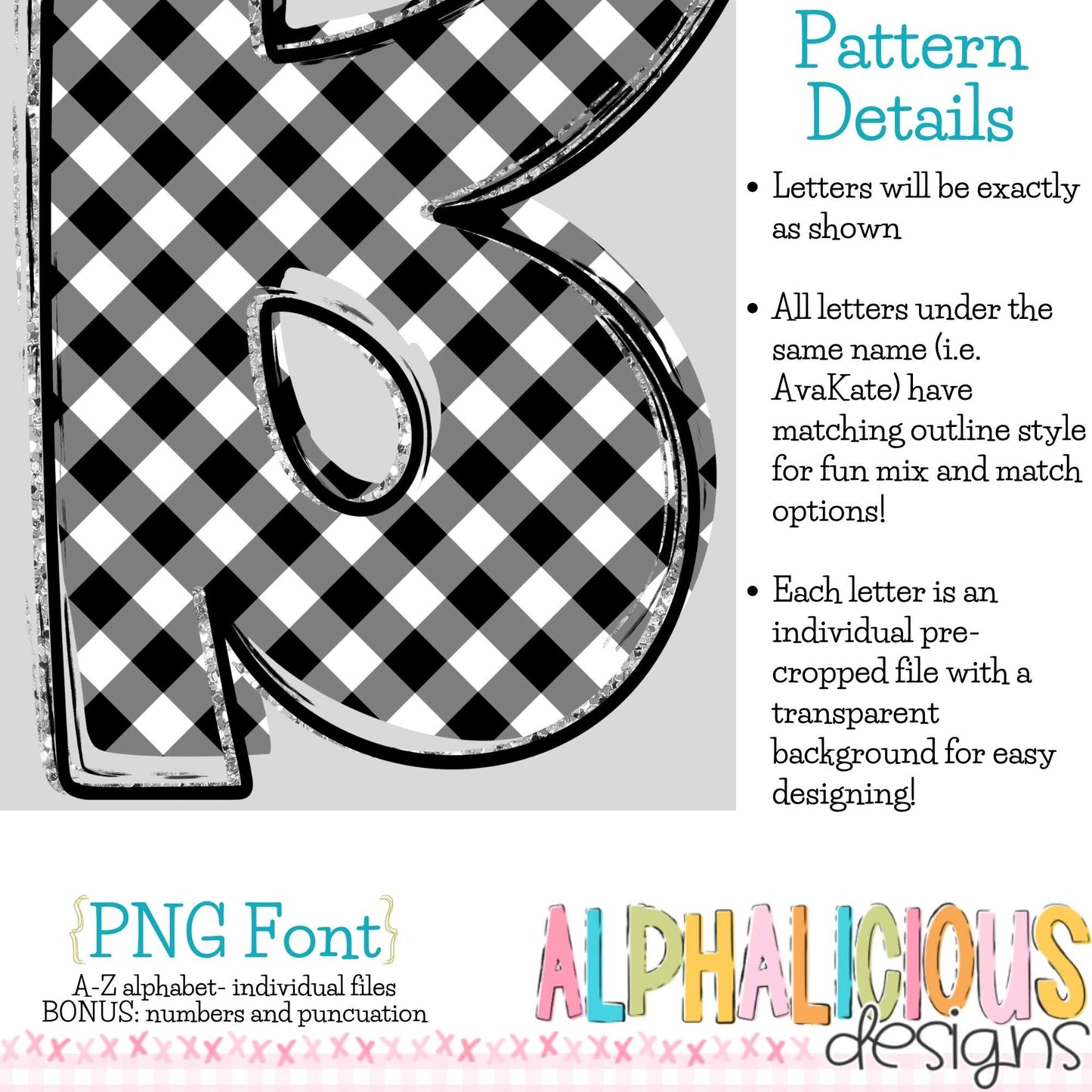 Ava Kate PNG Font- SM Diag Gingham- Black