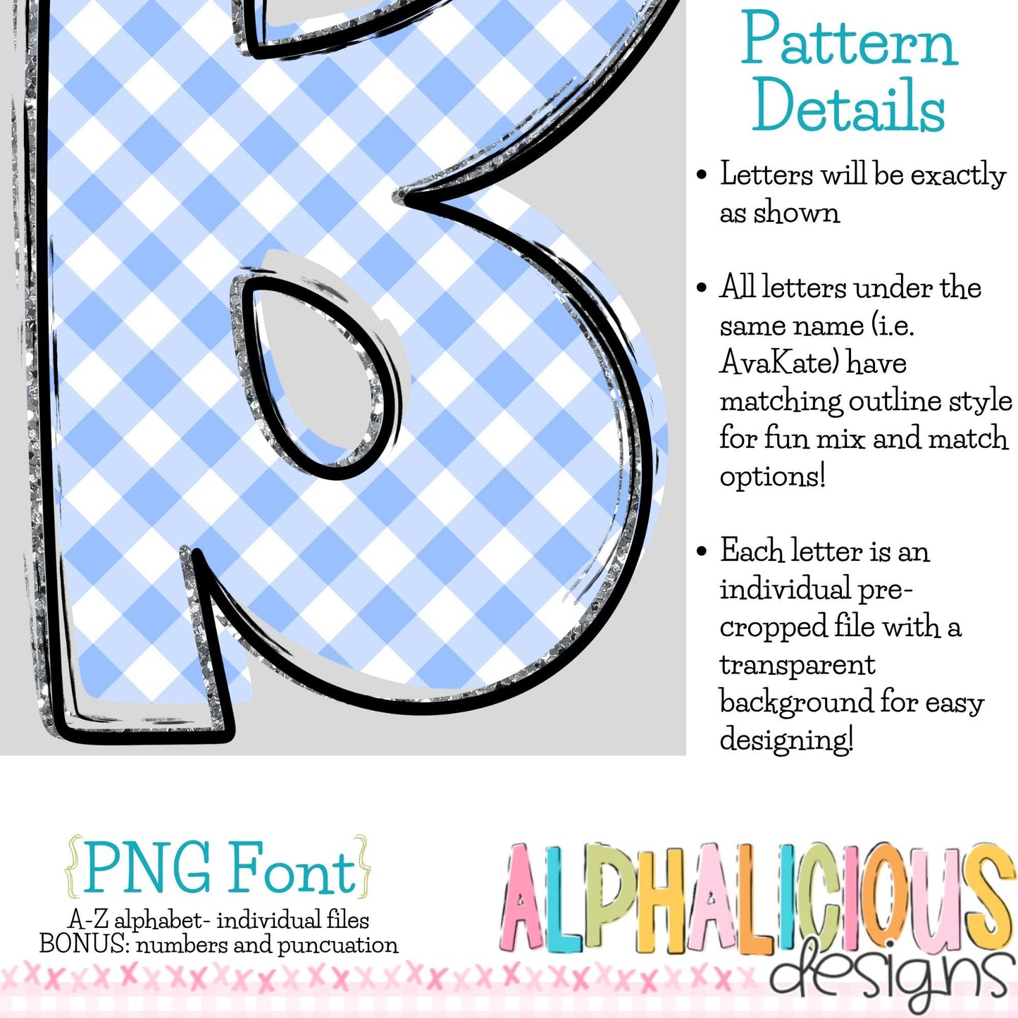 Ava Kate PNG Font- SM Diag Gingham- Blue