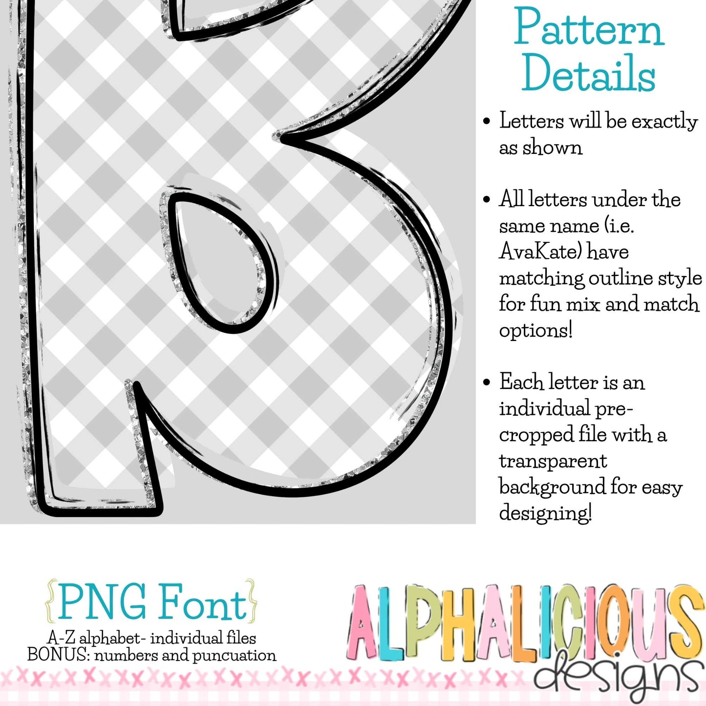 Ava Kate PNG Font- SM Diag Gingham- Grey