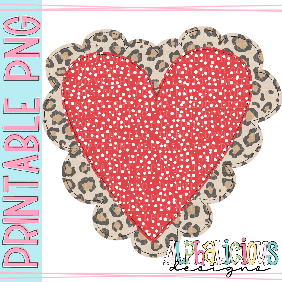 Scalloped Heart- Leopard- FauxApplique- PNG