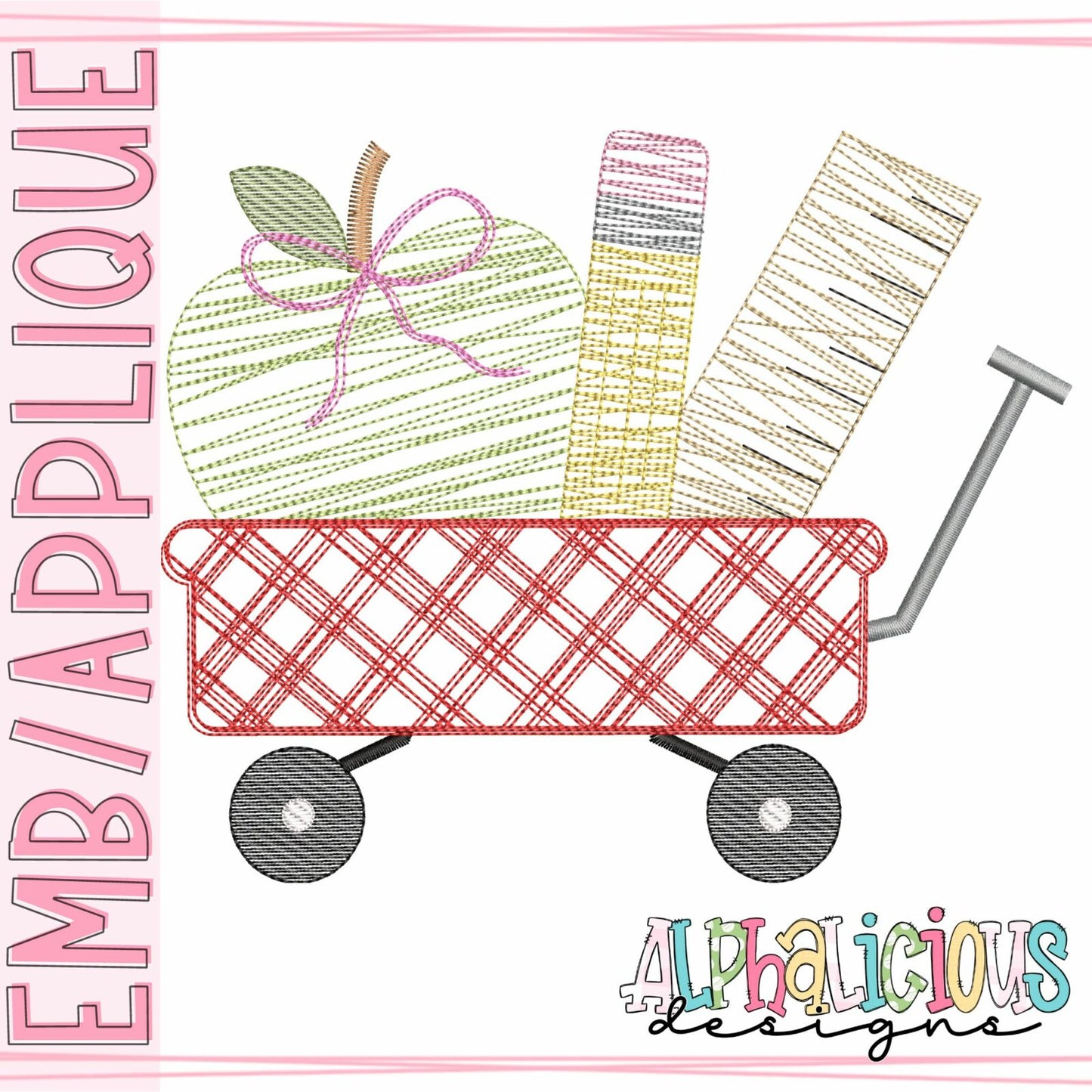 Back to School Wagon with Bow - Scribble Plaid Fill
