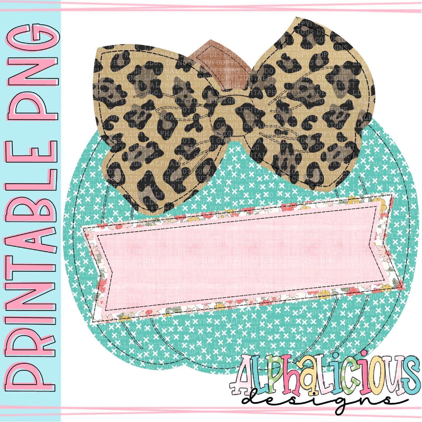 Big Bow Pumpkin with Box - Leopard and Turquoise - Faux Applique - Printable PNG