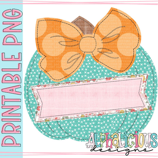 Big Bow Pumpkin with Box - Orange and Turquoise - Faux Applique - Printable PNG
