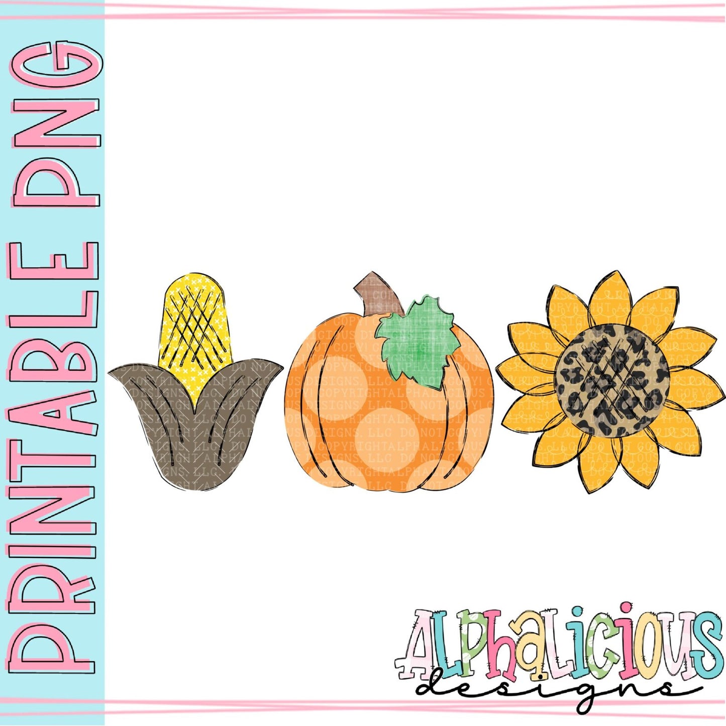 Corn Pumpkin Sunflower Three in a Row - Printable PNG