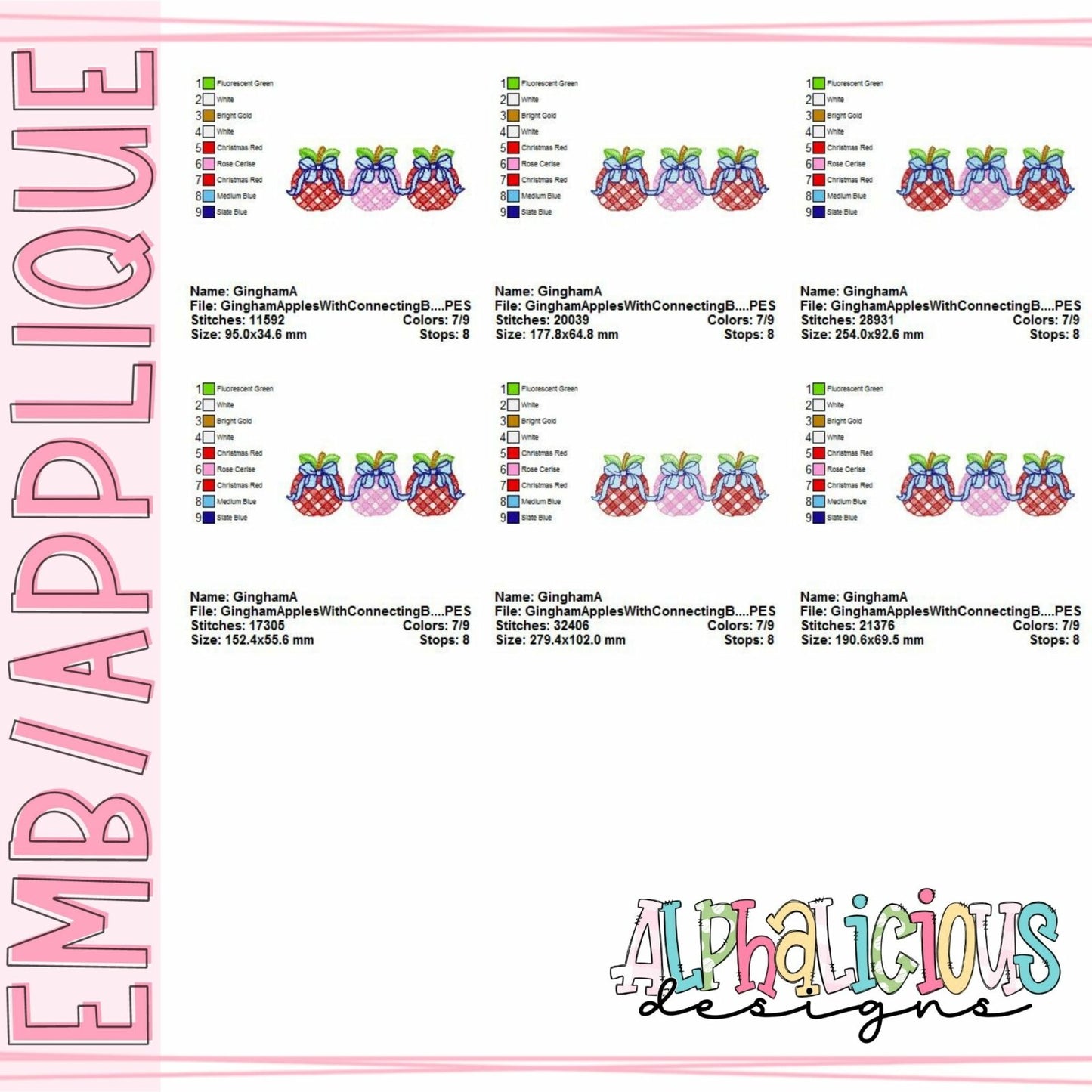 Gingham Apples With Connecting Bows - Sketch