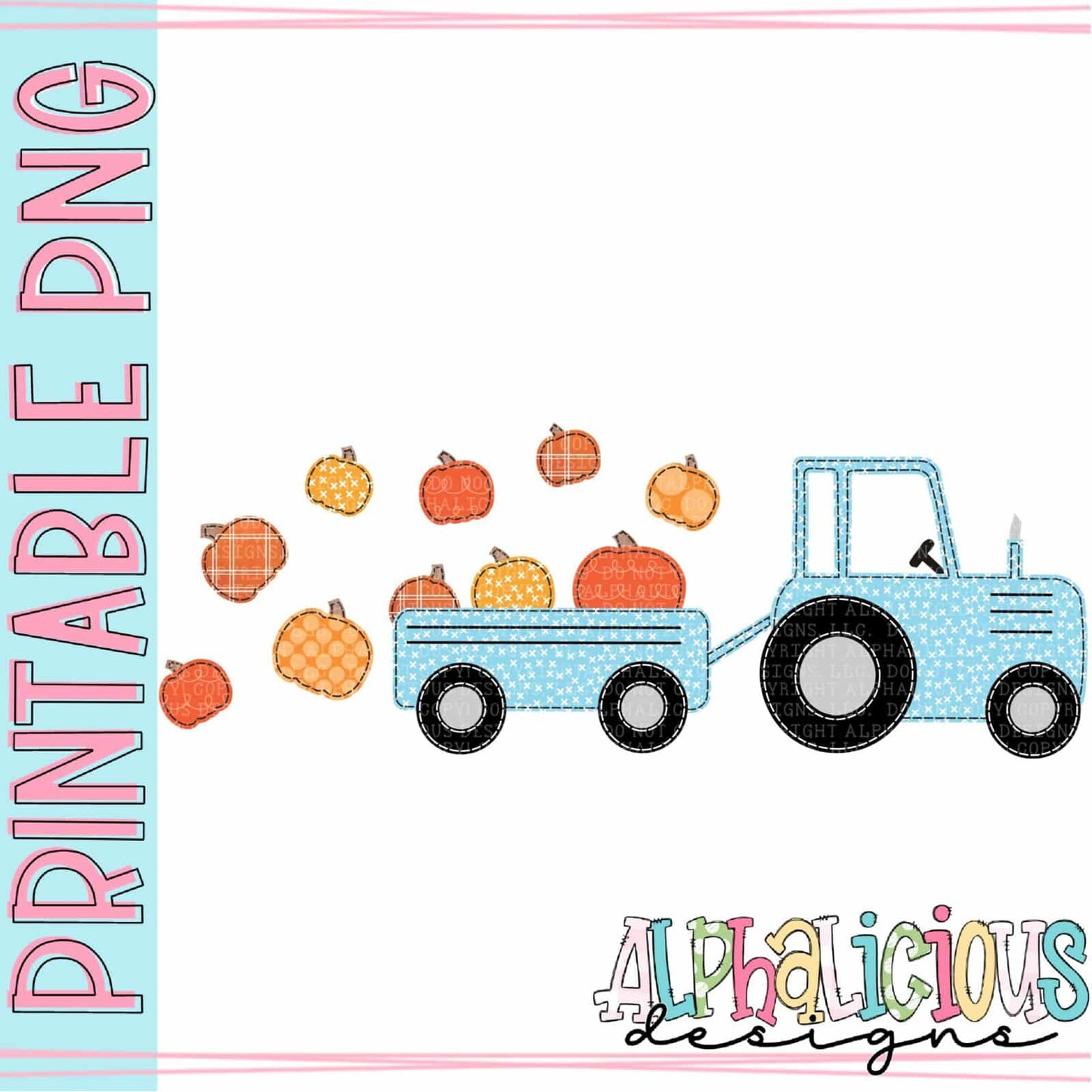 Farm Tractor with Pumpkins - Blue - Faux Applique - Printable PNG