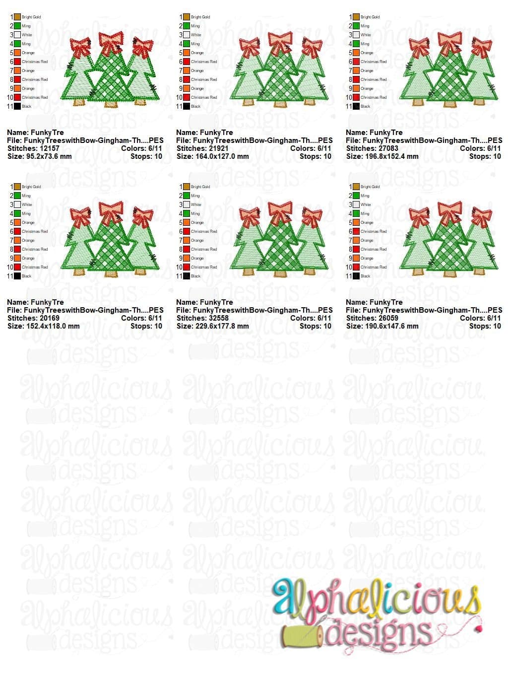 Funky Trees with Bow - Gingham - Three In A Row - Sketch