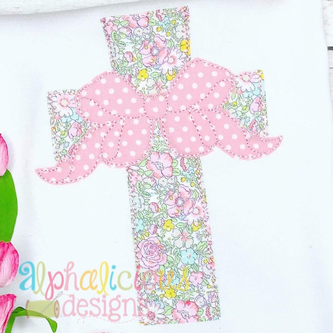 Cross with Bow Applique- Triple Bean