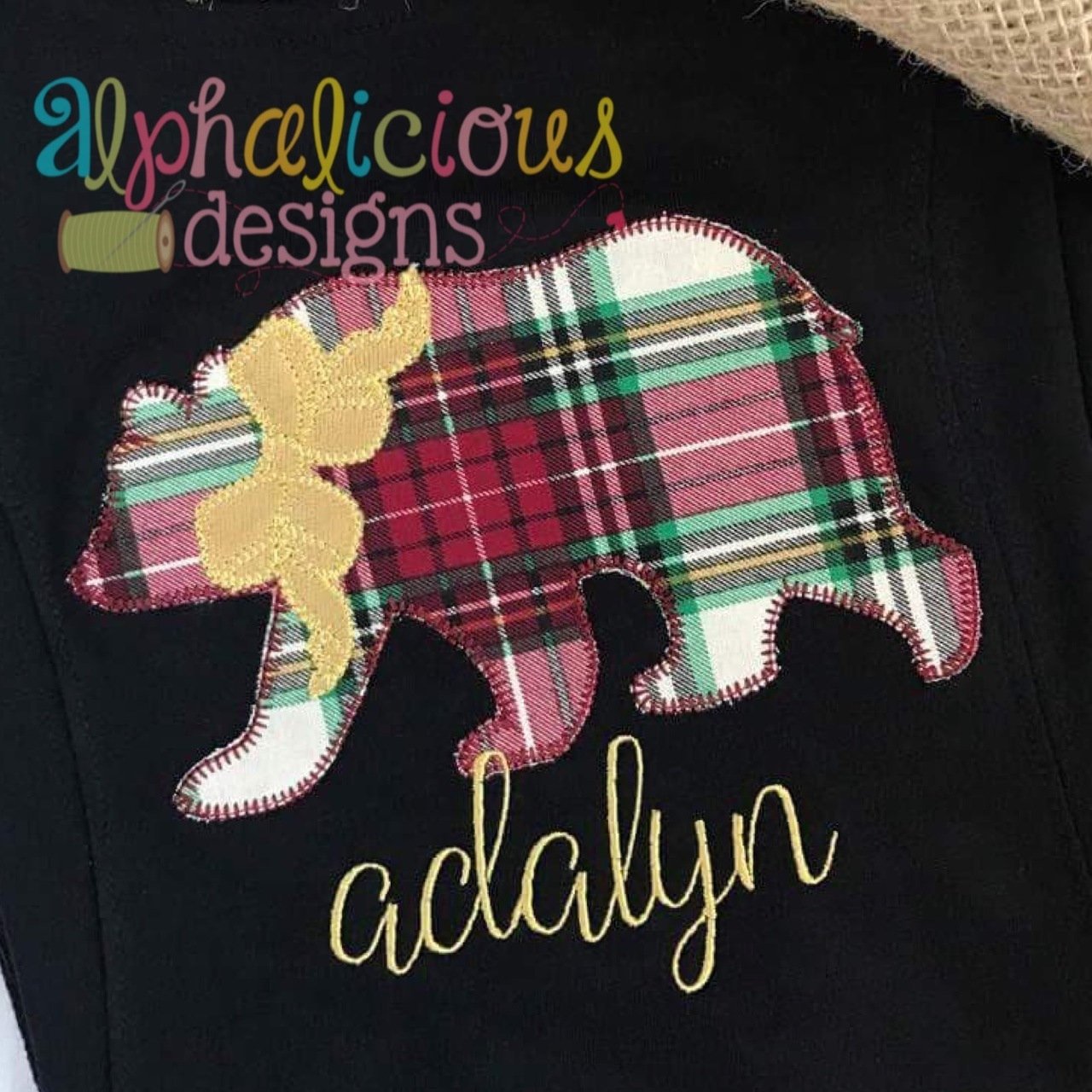 Black Bear with Bow Applique-Blanket