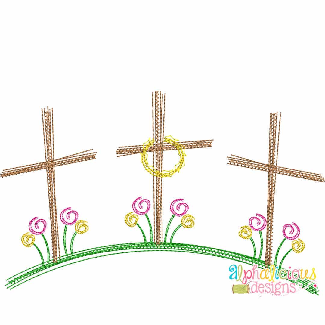 Three Crosses on the Hill with Flowers- Doodle Embroidery