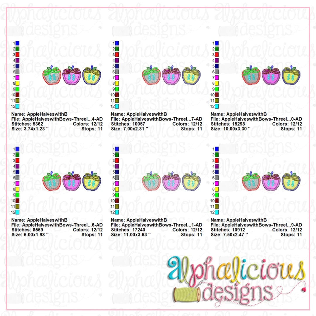 Apple Halves with Bows-Three in a Row-Sketch