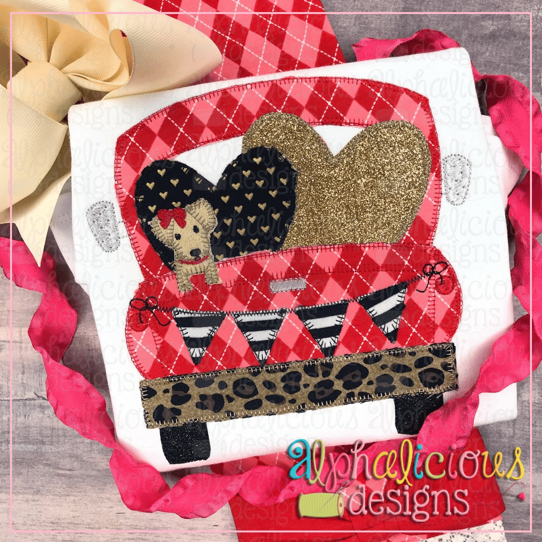 Farm Truck with hearts and Pup with Bow-Blanket