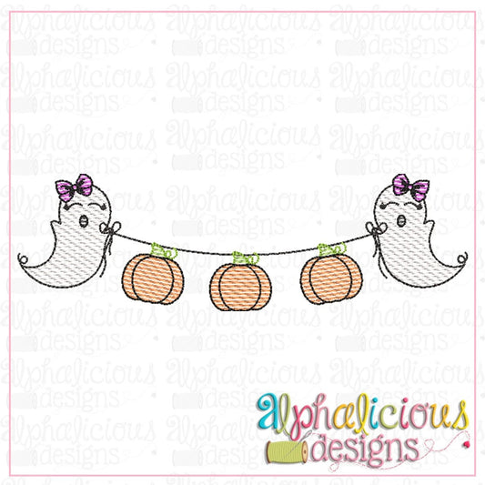 Ghost with Bow Bunting-Pumpkins-Sketch