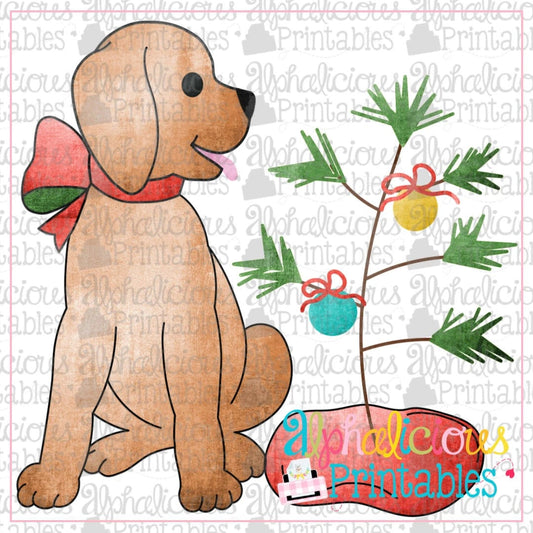Pup with Bow and Christmas Tree- Red and Green- Printable