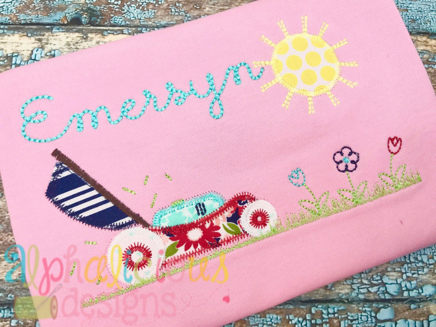 Lawnmower With Flowers Applique-Zig Zag