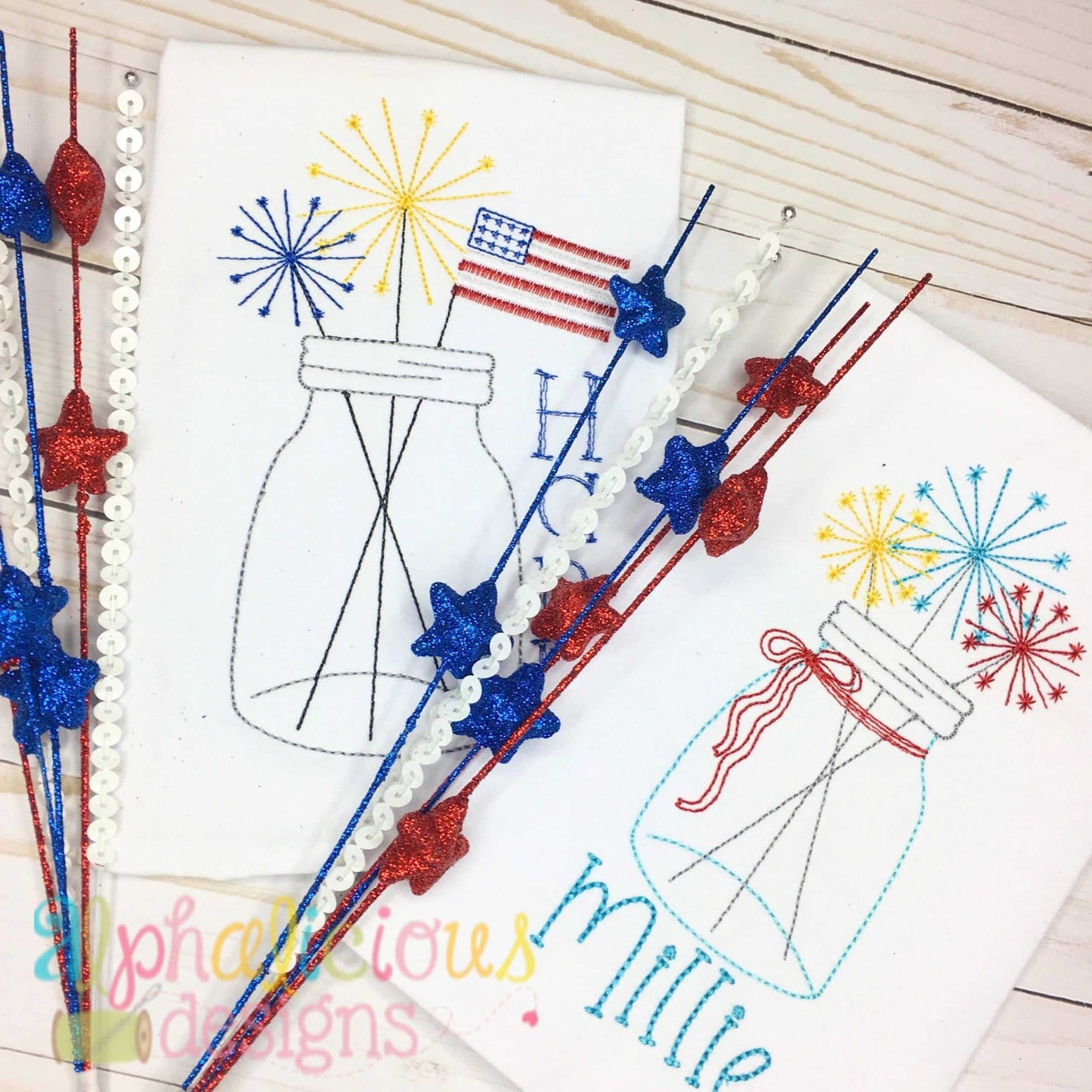 Vintage Mason Jar with Sparklers and Flag- Triple Bean