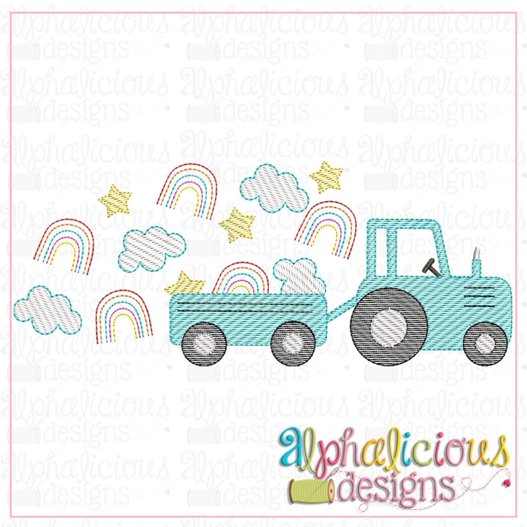 Farm Tractor with Rainbows and Clouds-Sketch