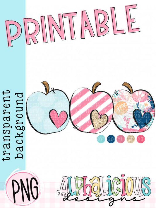 Three Apples with Hearts-Floral- Printable PNG