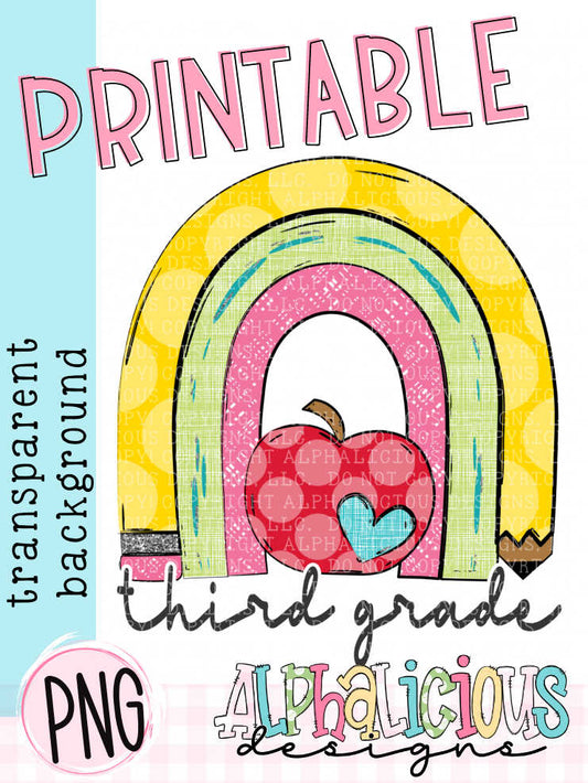 Rainbow with Pencil-Third Grade- Printable PNG