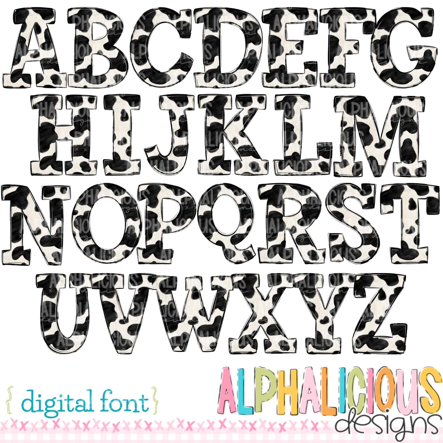 Whimsy- Black Cow Print- Doodle Font