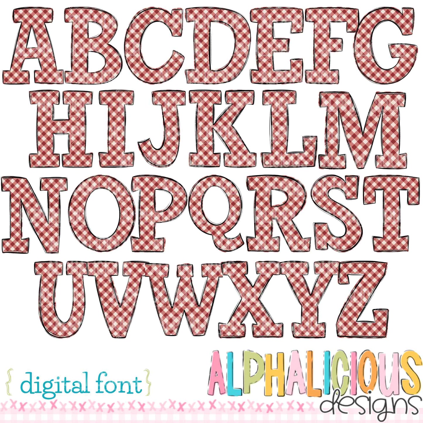 Whimsy- Blush/Red/Cream Gingham- Doodle Font