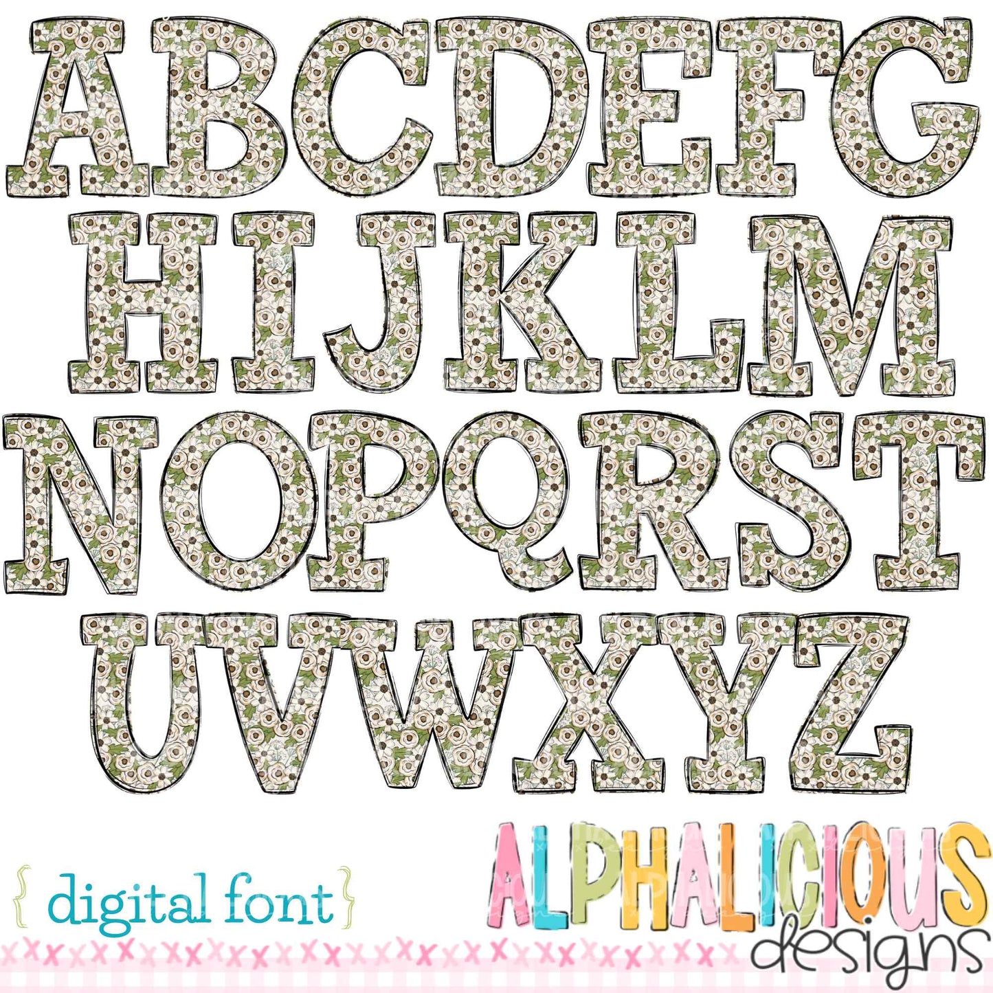 Whimsy- Green/Cream Floral- Doodle Font