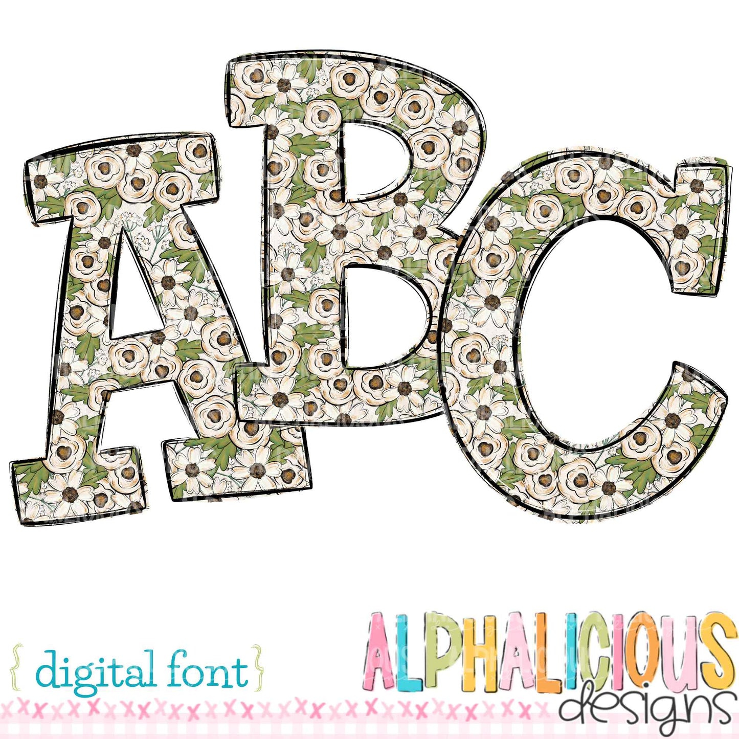 Whimsy- Green/Cream Floral- Doodle Font