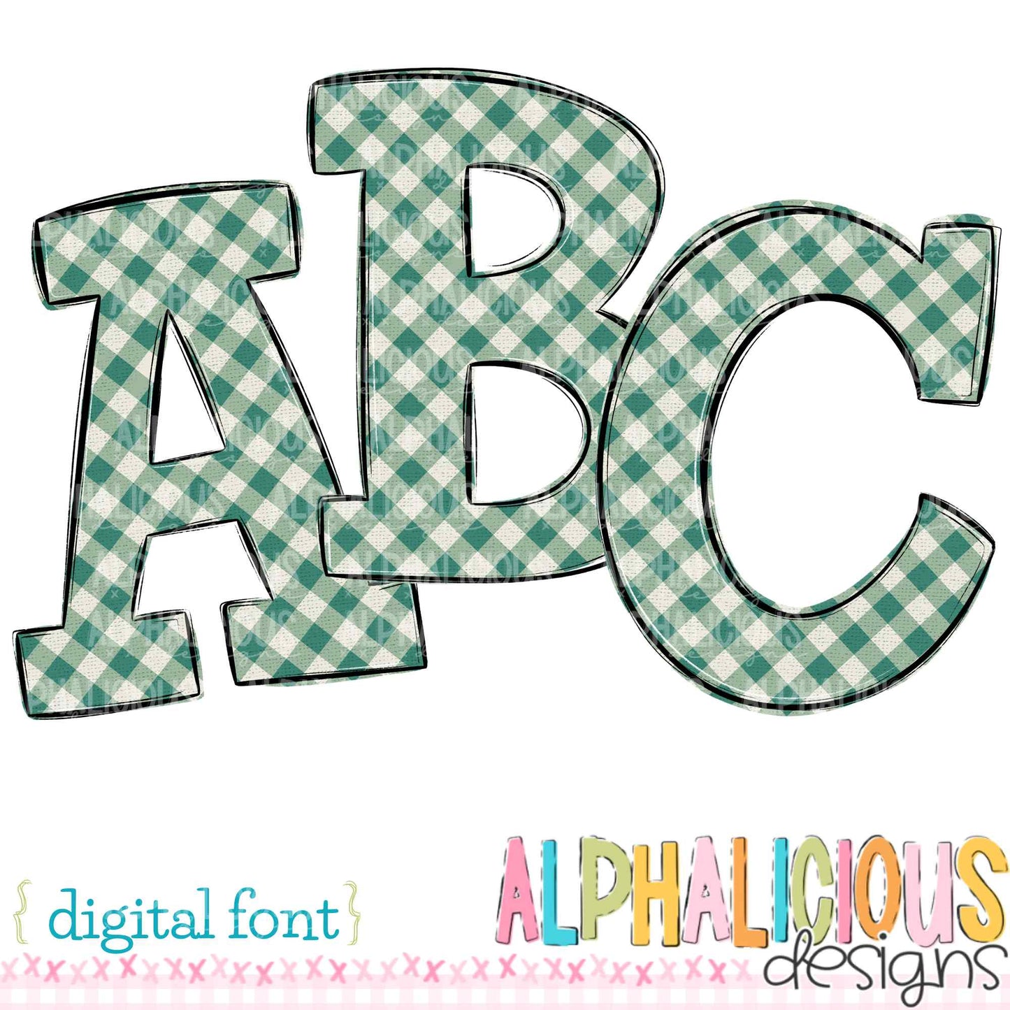 Whimsy- Light Green/Dark Green Gingham- Doodle Font