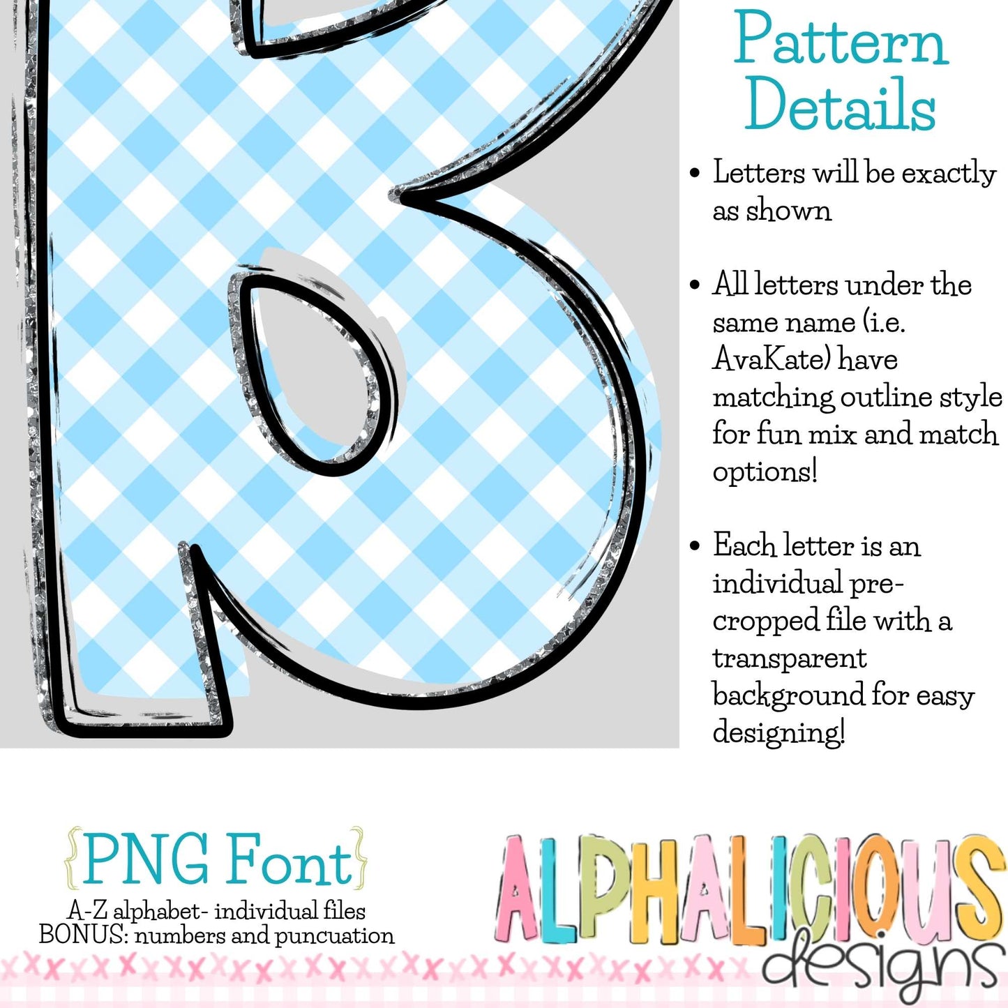 Ava Kate PNG Font- SM Diag Gingham- LT BLUE
