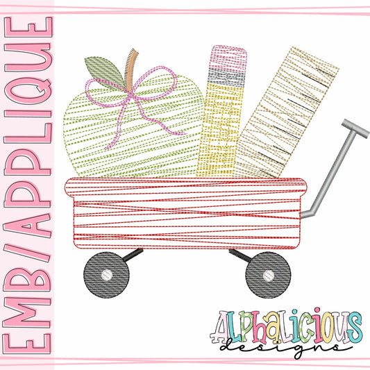 Back to School Wagon with Bow - Scribble Fill