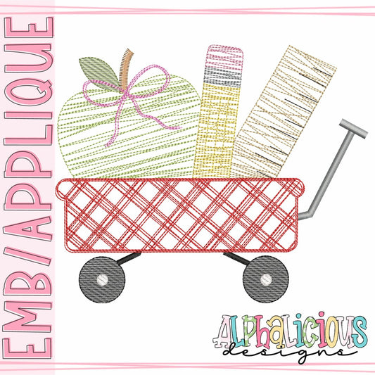 Back to School Wagon with Bow - Scribble Plaid Fill