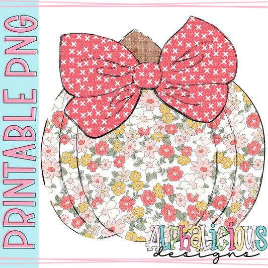 Big Bow Pumpkin - Red and Floral - Printable PNG
