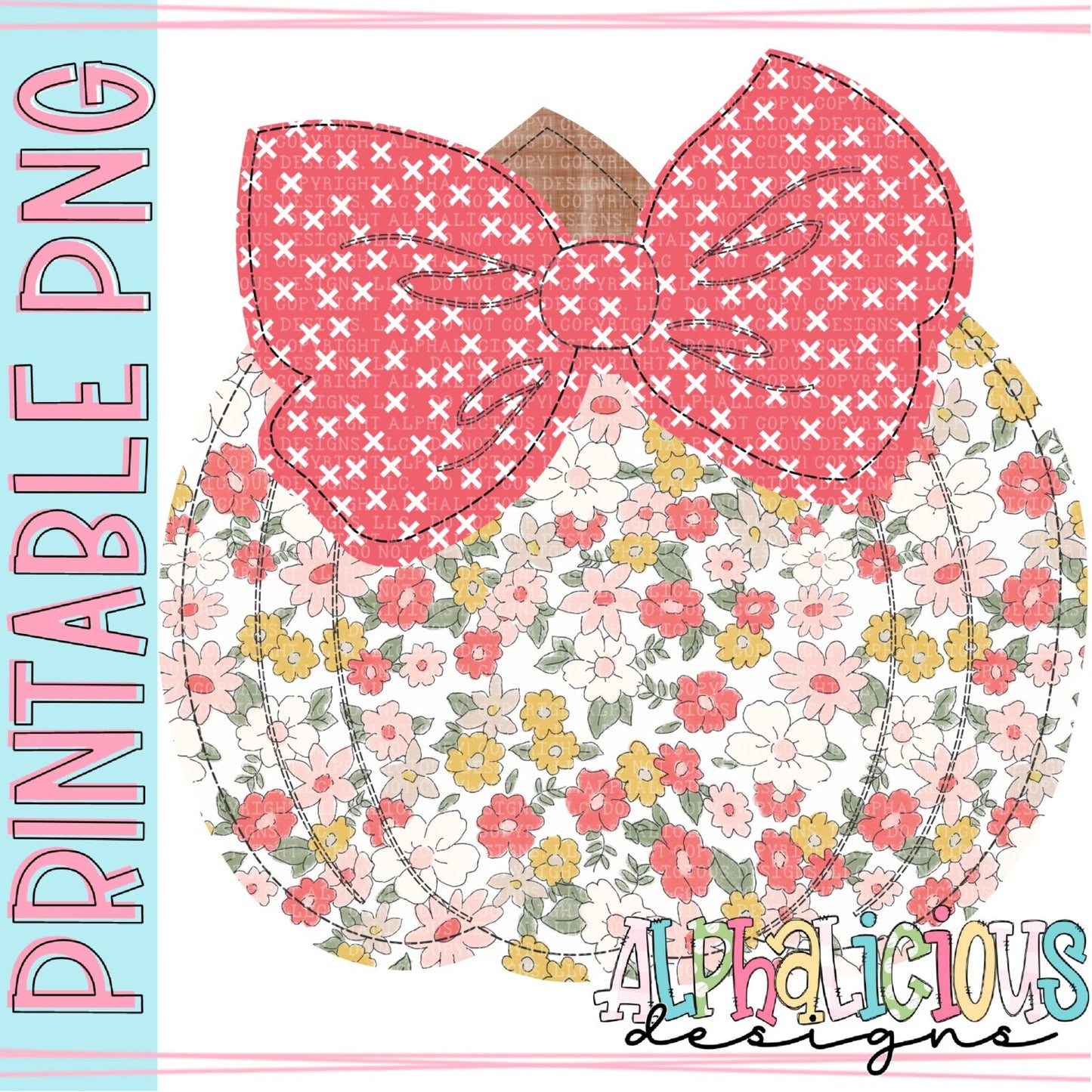 Big Bow Pumpkin - Red and Floral - Faux Applique - Printable PNG