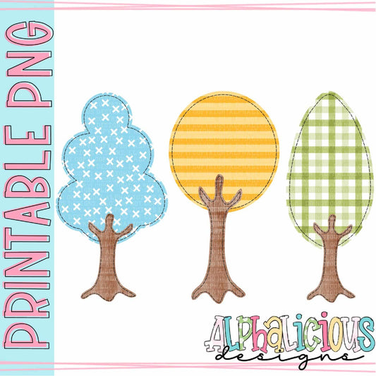 Fall Trees - Blue Yellow Green - Faux Applique - Printable PNG