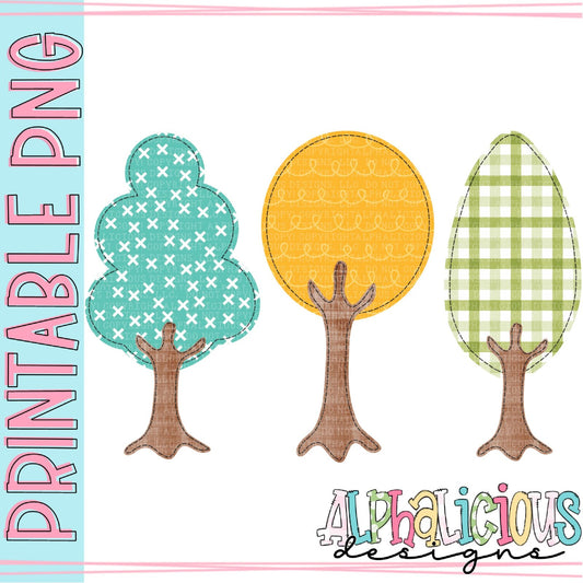 Fall Trees - Turquoise Yellow Green - Faux Applique - Printable PNG