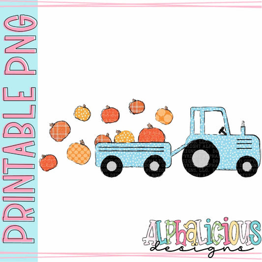 Farm Tractor with Pumpkins - Blue - Printable PNG