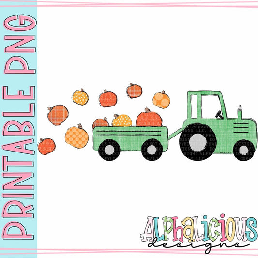 Farm Tractor with Pumpkins - Green - Printable PNG
