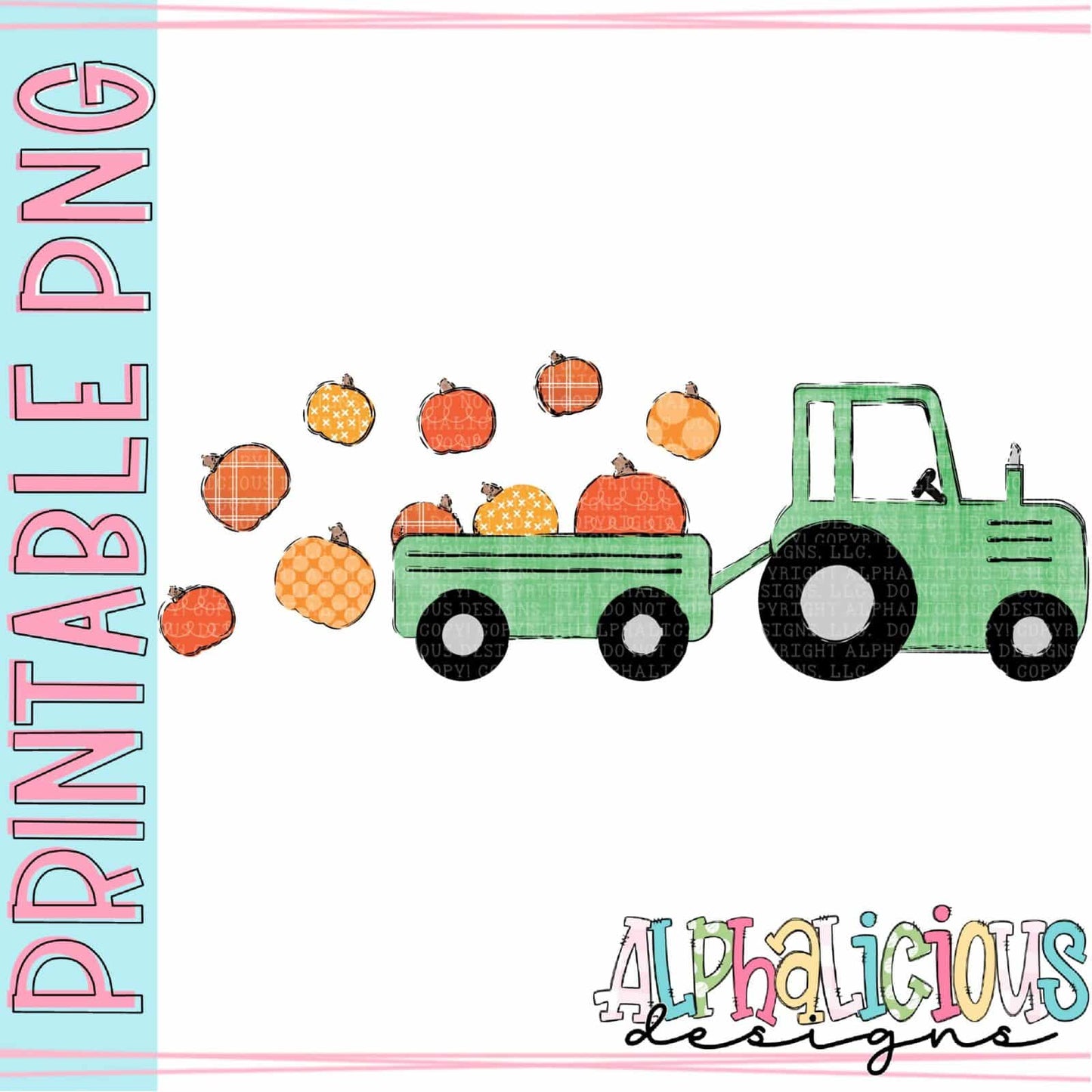 Farm Tractor with Pumpkins - Green - Printable PNG