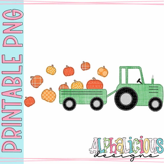 Farm Tractor with Pumpkins - Green - Faux Applique - Printable PNG