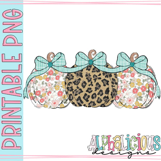 Pumpkin Trio with Bows - Floral and Leopard - Printable PNG