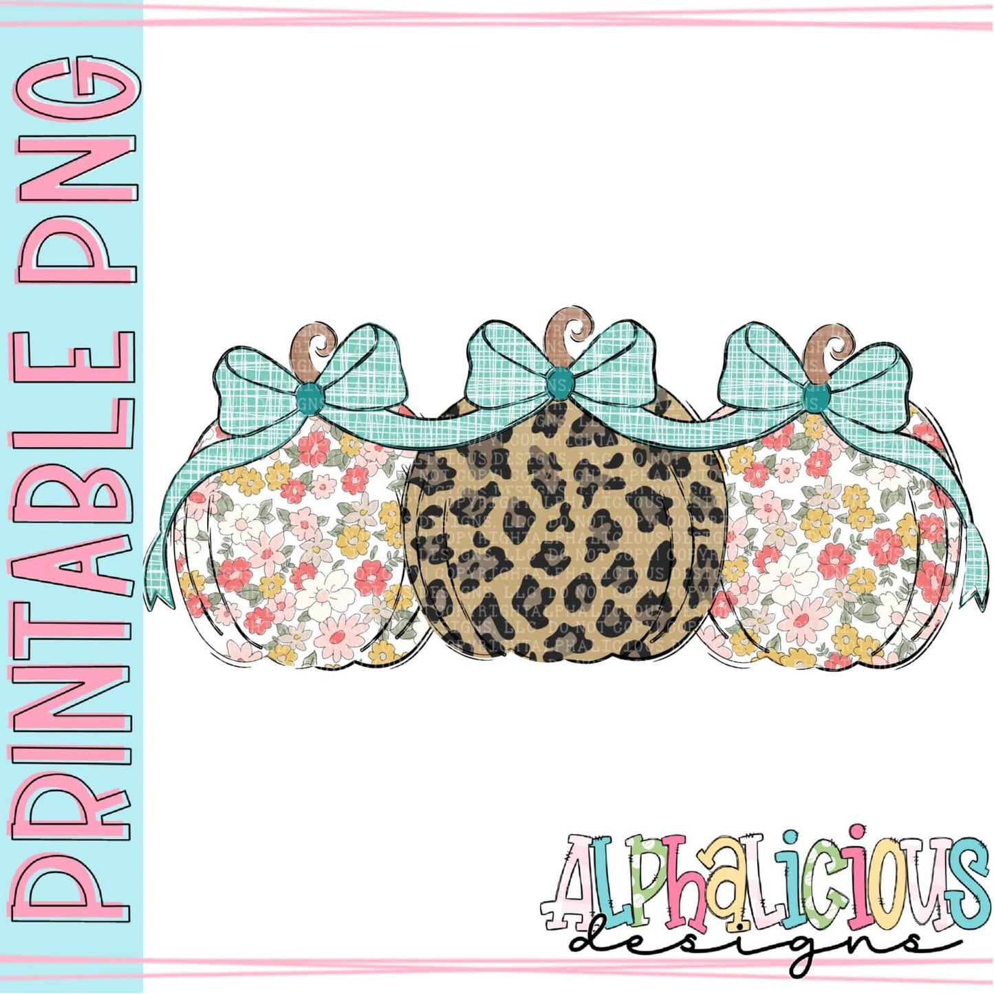 Pumpkin Trio with Bows - Floral and Leopard - Printable PNG