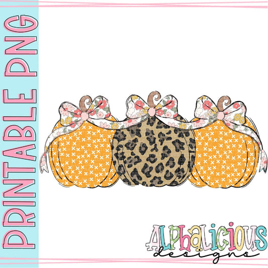 Pumpkin Trio with Bows - Orange and Leopard - Printable PNG