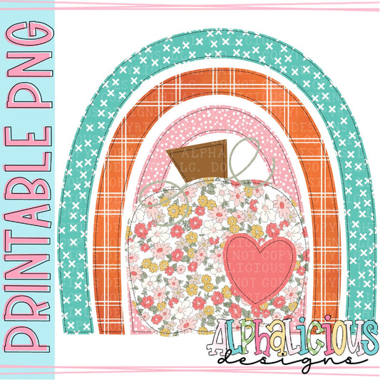 Rainbow with Pumpkin - Fall Floral - Faux Applique - Printable PNG