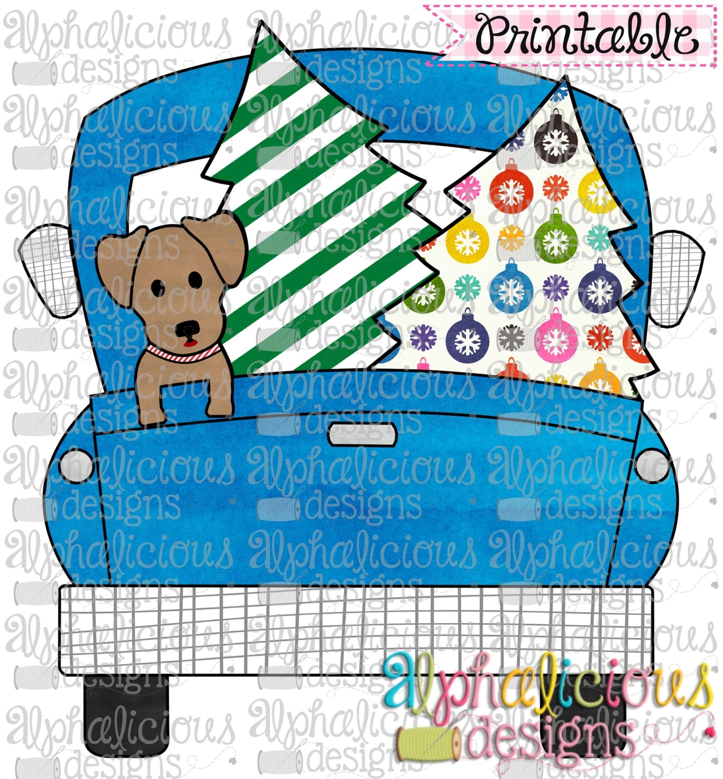 Christmas Truck-Dog and Trees-Blue Ornament-Printable