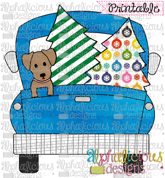 Christmas Truck-Dog and Trees-Blue Ornament-Printable