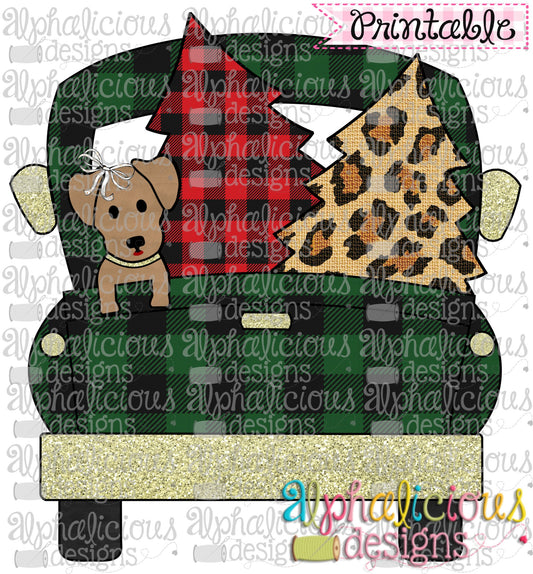 Christmas Truck-Dog and Trees-Buffalo Plaid with BOW-Printable