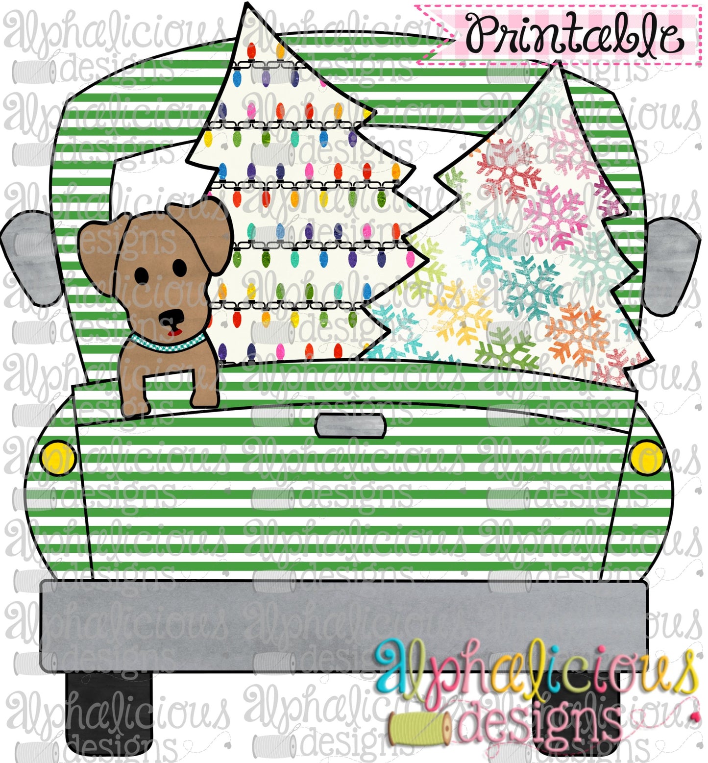 Christmas Truck-Dog and Trees-Green Stripe-Printable
