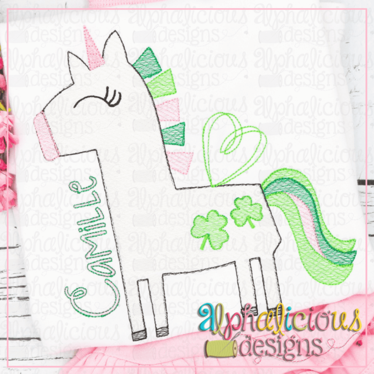 Happy Unicorn with Clovers - Sketch