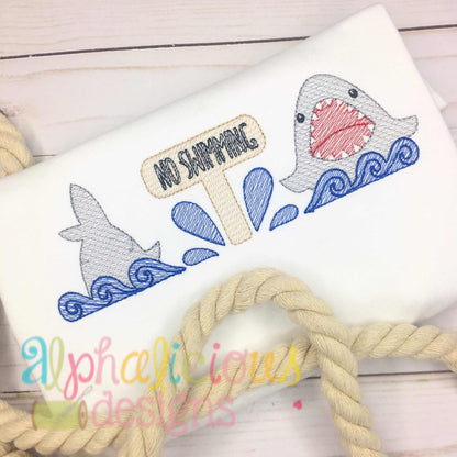 No Swimming Shark Sketch Embroidery Three in a Row