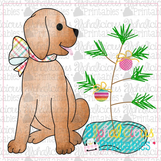Pup with Bow and Christmas Tree- Pink and Turquoise- Printable